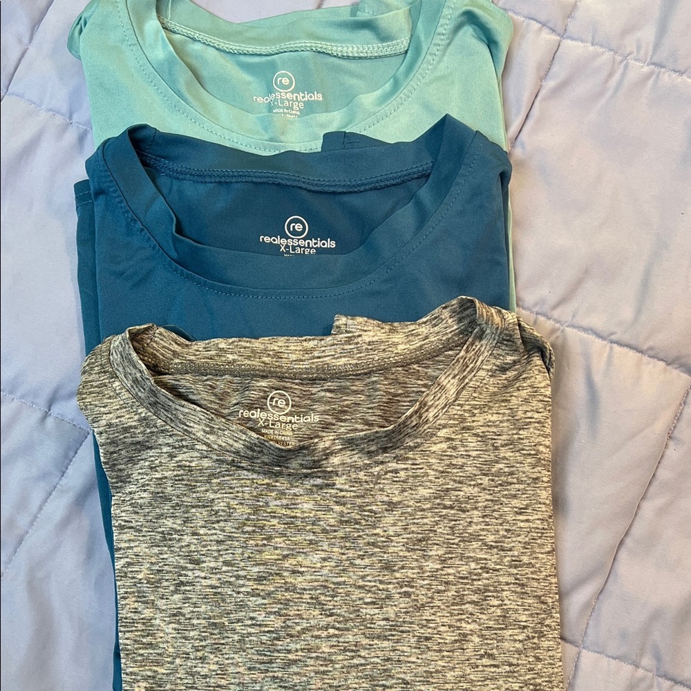 Real Essentials Youth performance Tees in Aqua, Teal, and Gray - 3 Pack XL